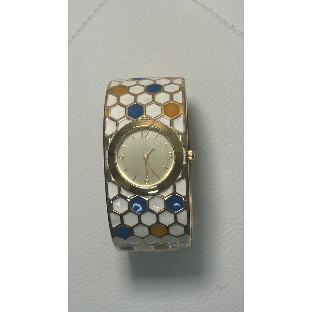 MMA Honeycomb‎ Enamel Bangle Watch Gold Blue White Art Deco Cuff